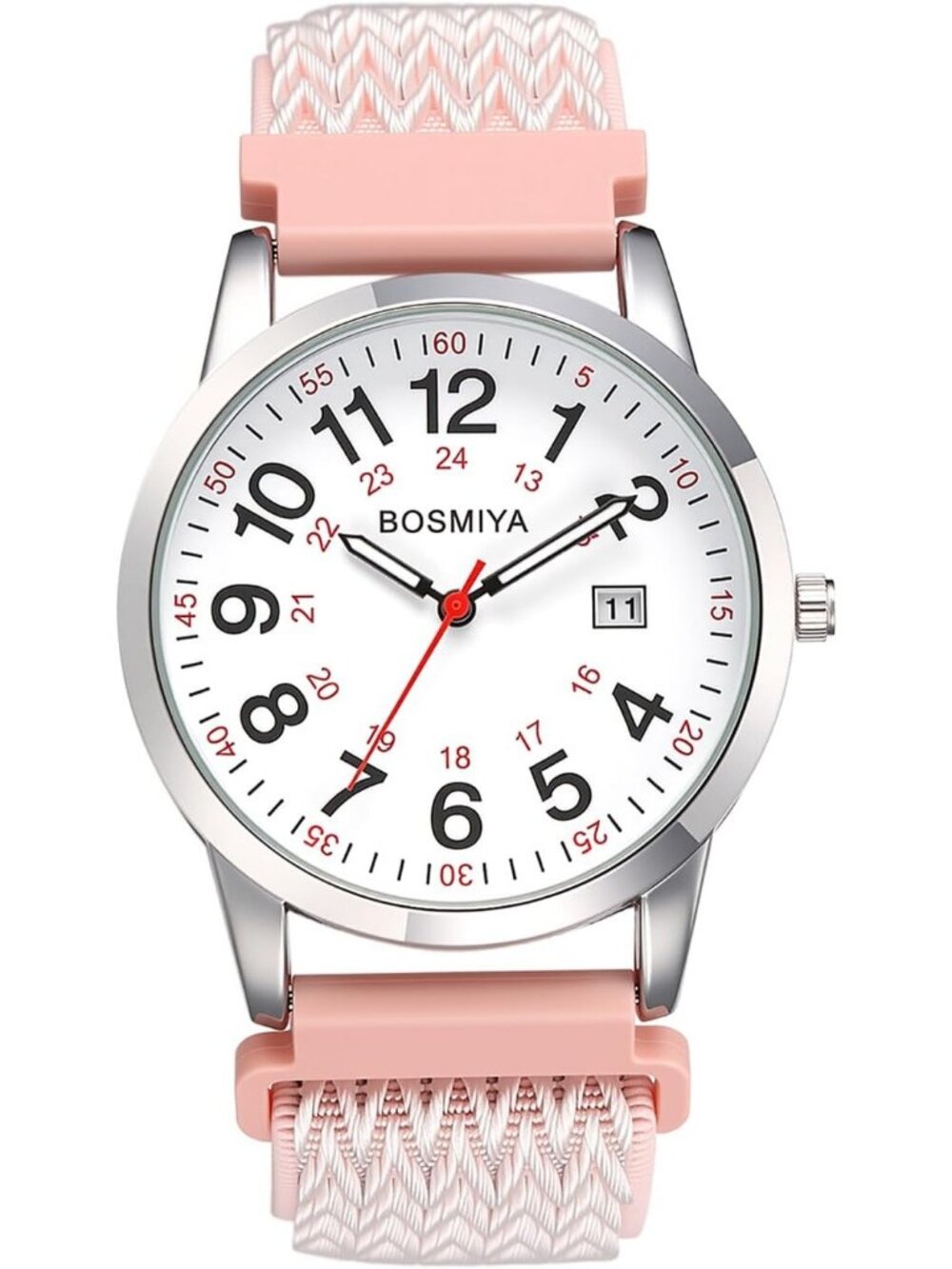 Women's Pink Elastic Woven Nylon Adjustable Strap Easy Reader Analog Wrist Watch